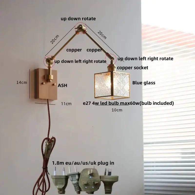 Adjustable copper wall lamp with blue patterned glass shade decorbites ash wood led swing arm with pull chain switch