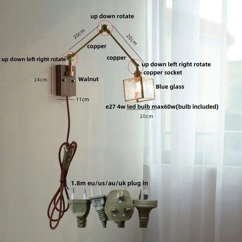 Adjustable copper wall lamp with blue glass shade and walnut finish mounting plate by decorbites ash wood led collection