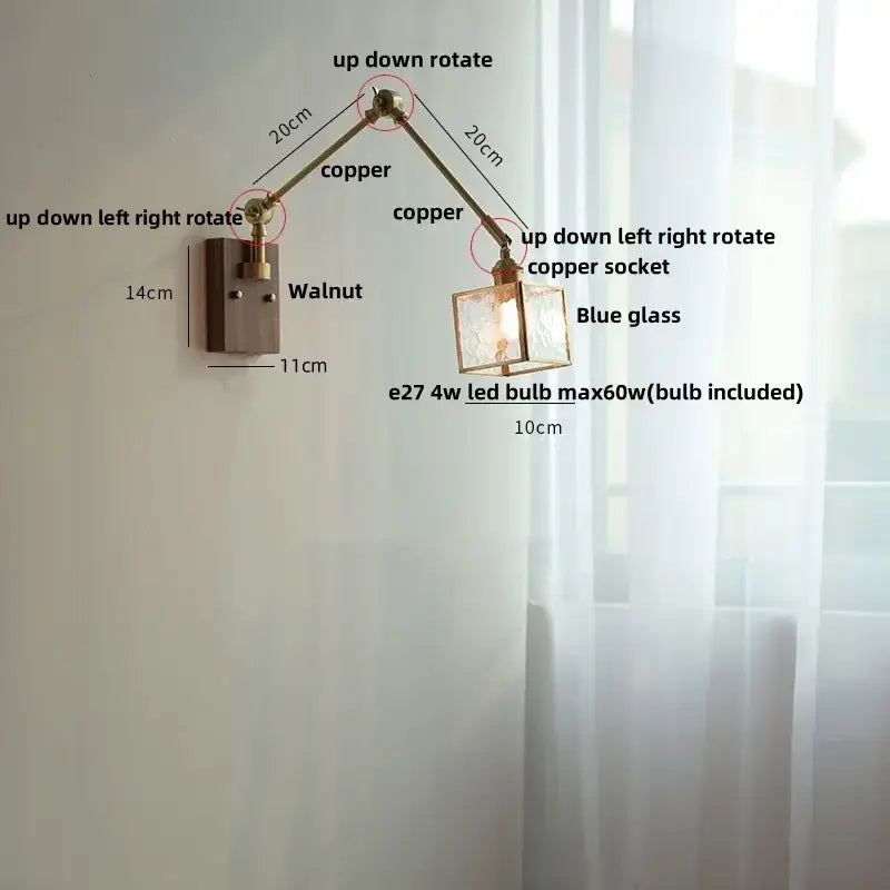 Adjustable copper wall lamp with blue glass shade and walnut finished mount by decorbites ash wood led swing arm light