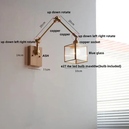 Adjustable copper wall lamp with blue glass cube shade decorbites ash wood led swing arm with pull chain switch