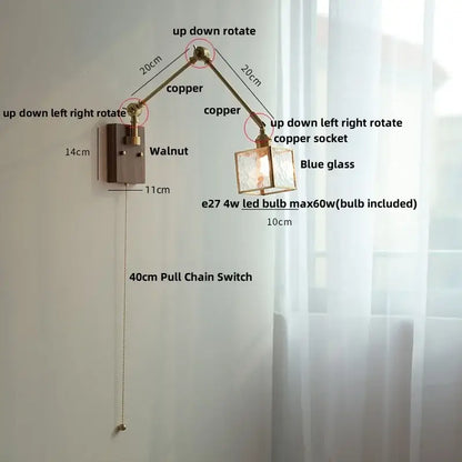 Adjustable copper wall lamp with blue glass shade and walnut-finished decorbites ash wood led mounting plate