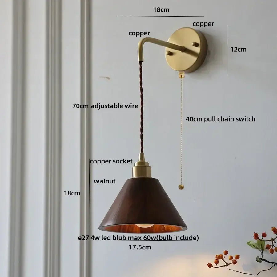 A warm-toned copper wall lamp with dark walnut conical shade and ash wood accents by DecorBites ash wood