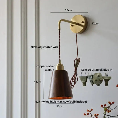 DecorBites ash wood wall lamp with warm brass finish, dark walnut shade, and adjustable copper wire for home decor