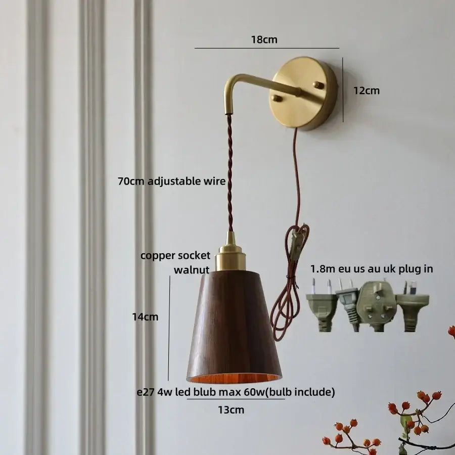 DecorBites ash wood wall lamp with warm brass finish, dark walnut shade, and adjustable copper wire for home decor