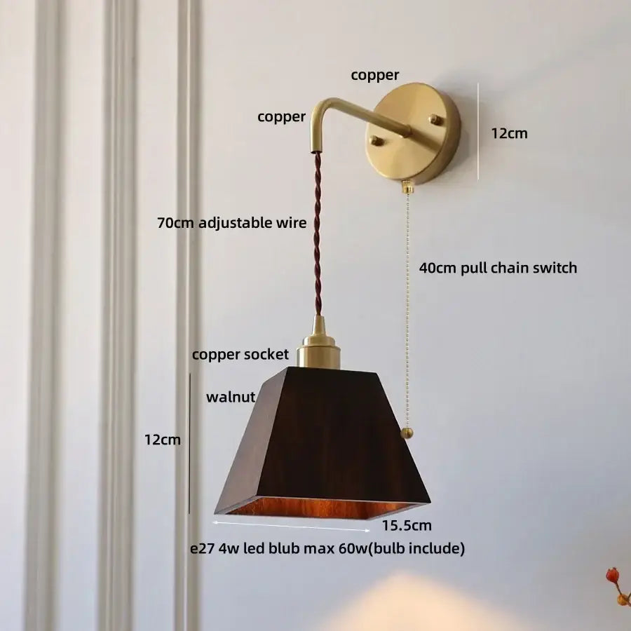 DecorBites ash wood wall lamp with warm copper sconce, dark walnut shade, and adjustable 70cm wire for home decor