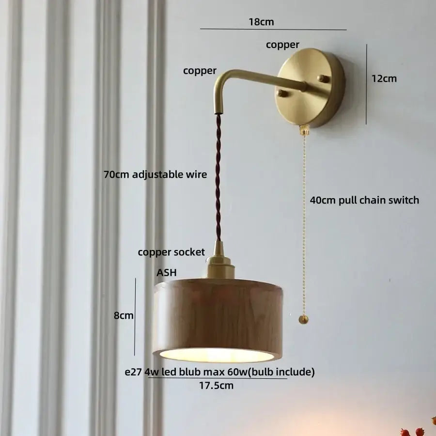 Copper-finished decorbites ash wood wall lamp with wooden cylindrical shade and adjustable wire for home decor