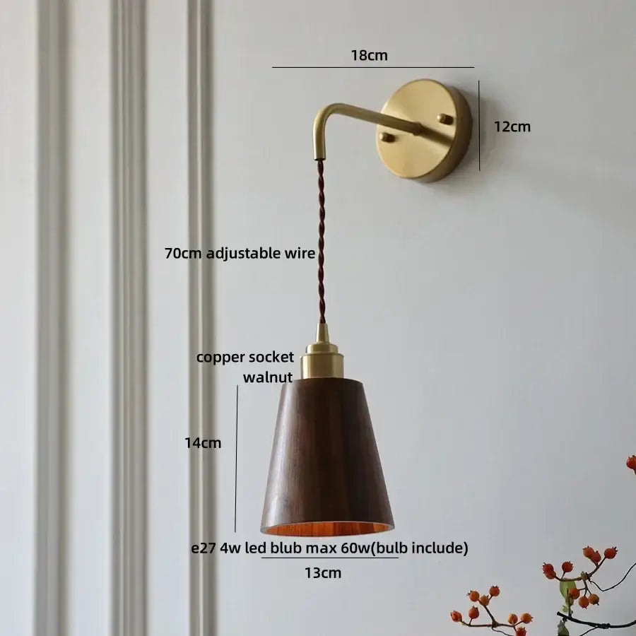 A decorbites ash wood wall lamp with sleek brass body, dark walnut shade, copper accents, and adjustable 70cm wire