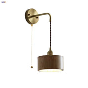 Brass-finished decorbites ash wood wall lamp with cylindrical wooden shade and pull chain switch for home decor