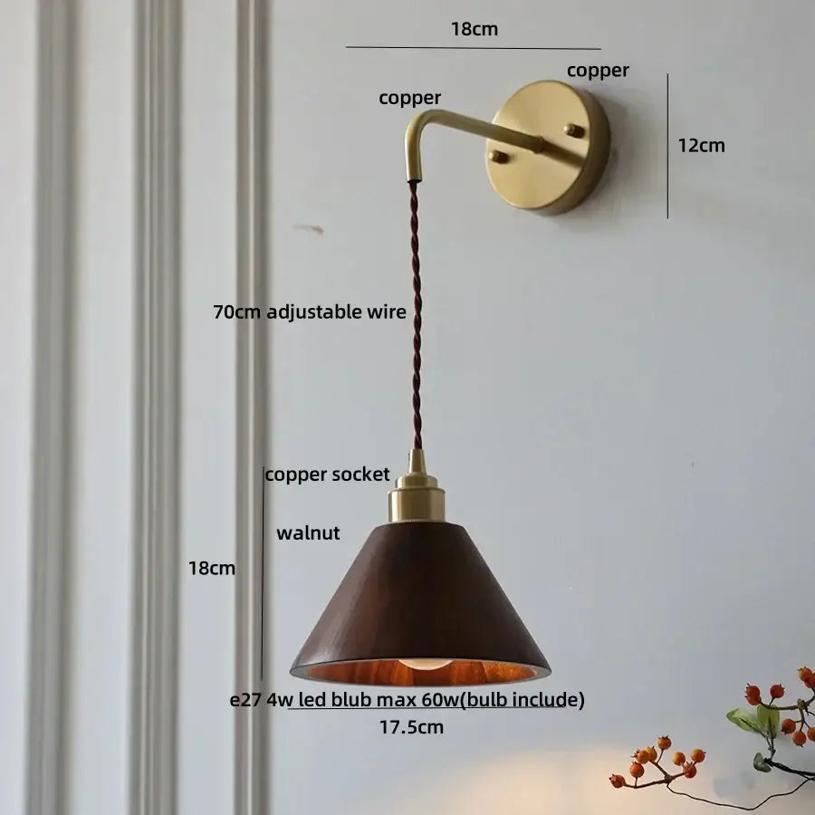 Copper wall lamp with dark walnut shade and adjustable wire from DecorBites ash wood LED wall lamp collection