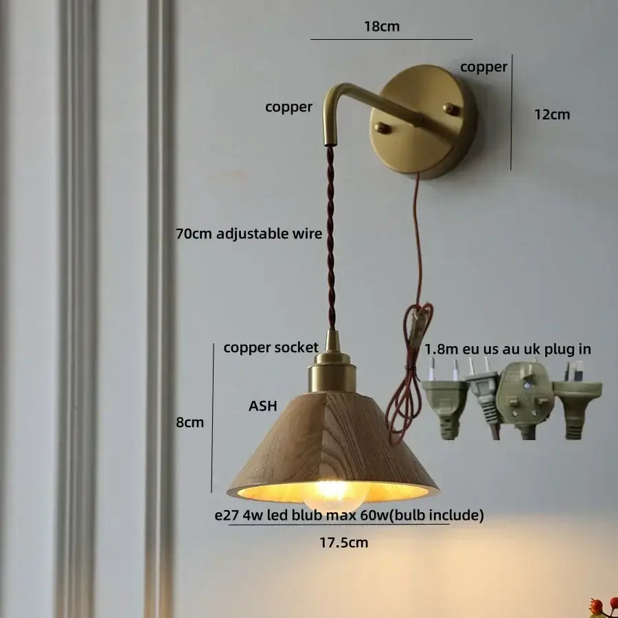 DecorBites ash wood wall lamp with warm wooden pendant, copper bracket, and adjustable 70cm wire for home decor