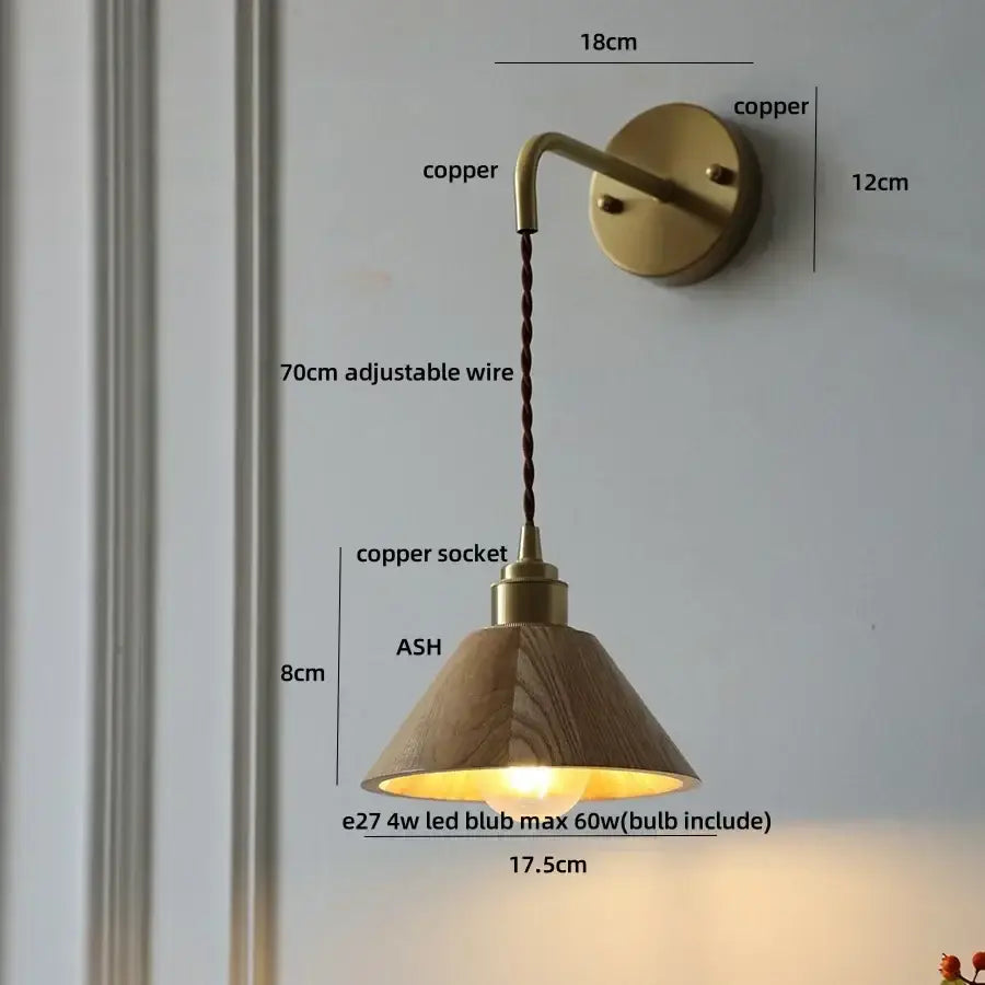 Decorbites ash wood wall lamp with warm-toned conical wooden shade copper fixture and adjustable wire suspension