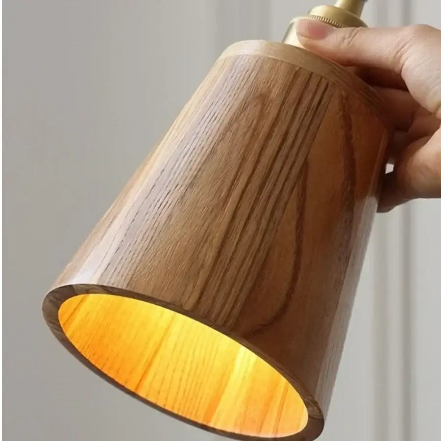 A warm-toned decorbites ash wood wall lamp with brass-finished top and pull chain switch for home decor
