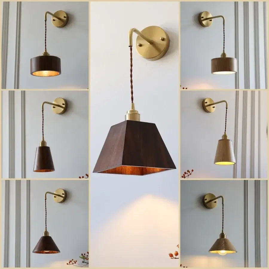 Decorbites ash wood wall lamp with warm copper finish, wooden textured conical shade, and adjustable wire pull chain switch