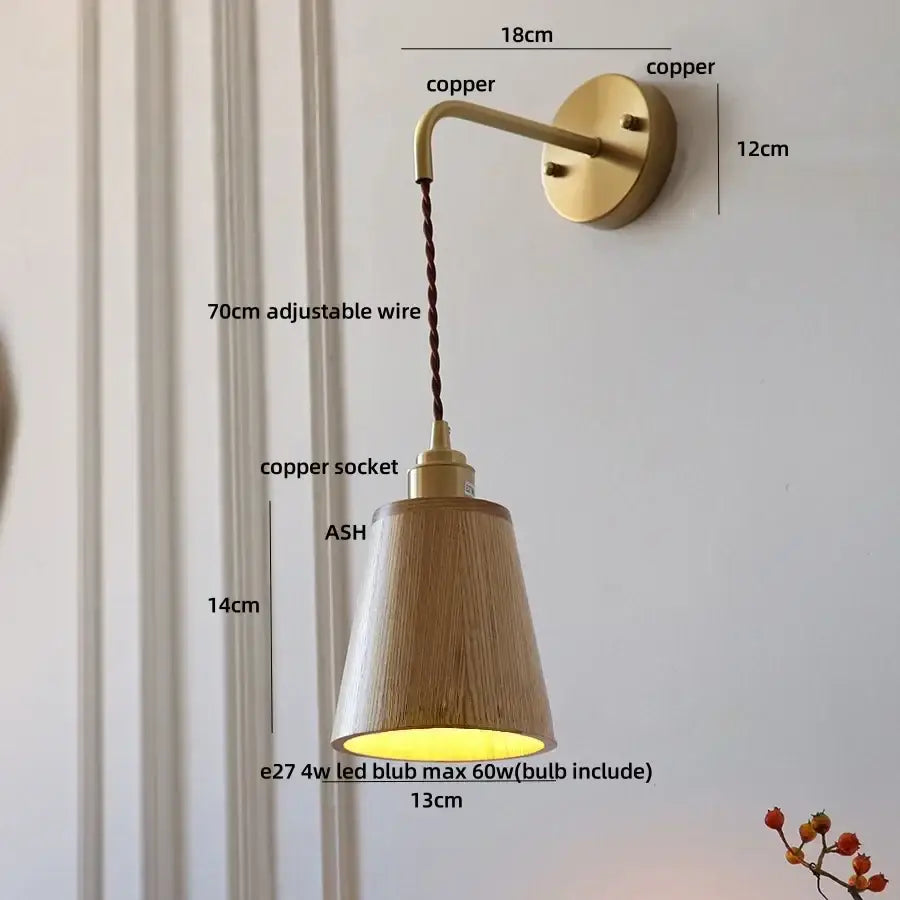 Decorbites ash wood wall lamp with copper finish wooden conical shade and adjustable wire for home decor