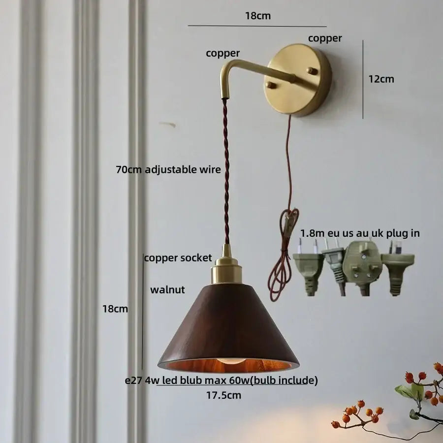 Copper-finished wall lamp with ash wood dark walnut shade and 70cm adjustable wire from DecorBites ash wood series