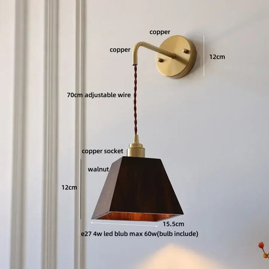 DecorBites ash wood wall lamp with sleek copper sconce, dark walnut shade, and adjustable 70cm wire for home decor