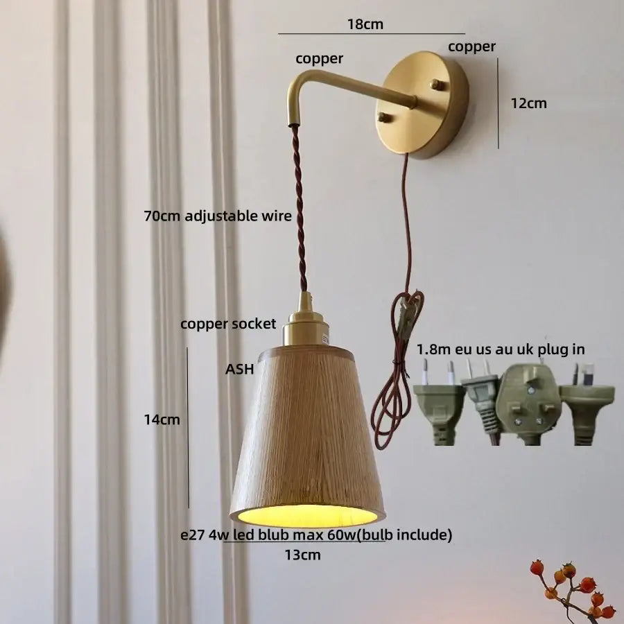 Decorbites ash wood wall lamp with warm-toned wooden conical shade and brass copper arm for home decor lighting