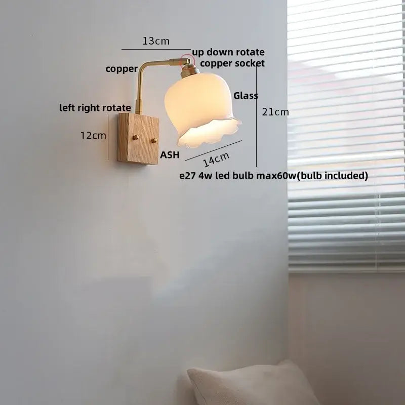 A warm-toned copper and ash wood wall light with frosted glass shade by decorbites ash wood modern nordic design