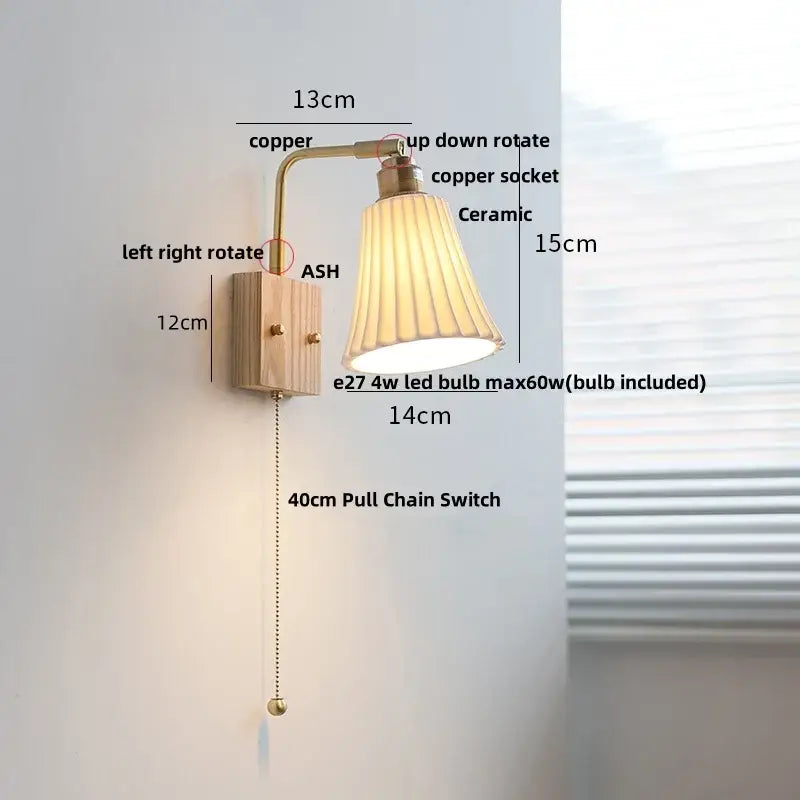 Copper-finished DecorBites ash wood wall light with fluted ceramic shade and pull chain switch in modern Nordic design