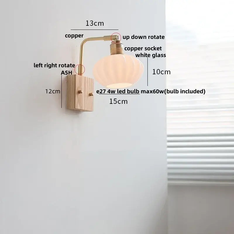 Decorbites ash wood wall light fixture with warm copper and ribbed white glass shade in modern nordic design