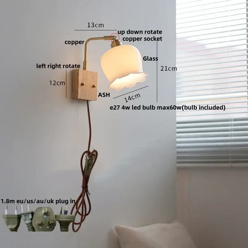 DecorBites ash wood wall light with warm copper arm and off-white glass shade in modern Nordic design with pull chain switch