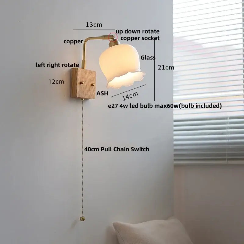 Copper-finished wall light with frosted glass lampshade and ash wood mounting bracket by DecorBites ash wood