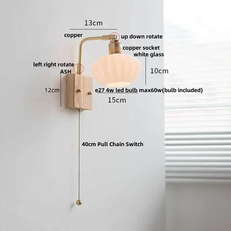 Decorbites ash wood wall light with copper and wood frame and white glass lampshade modern nordic design
