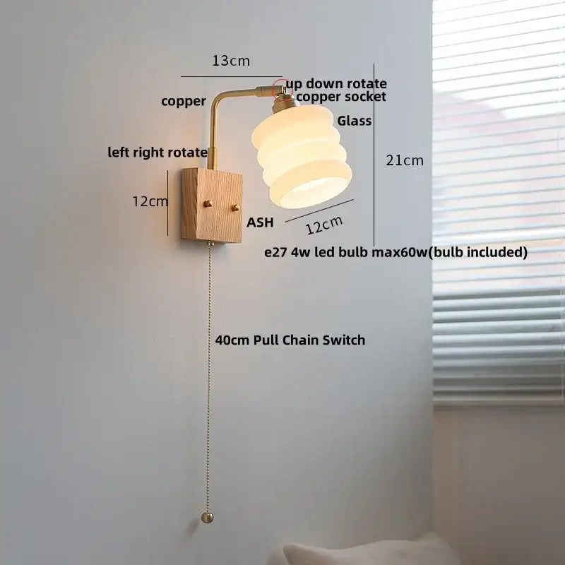 Decorbites ash wood wall light with warm layered glass lamp copper arm and wooden base modern nordic design