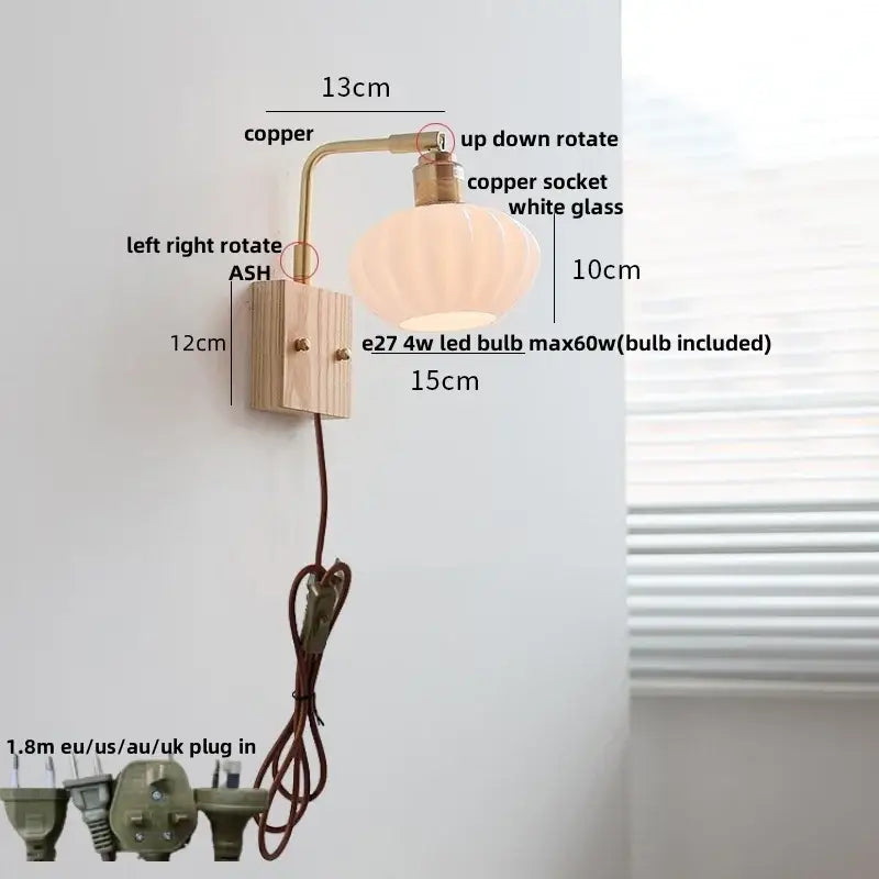 DecorBites ash wood wall light with warm copper sconce, white glass shade, and modern nordic design