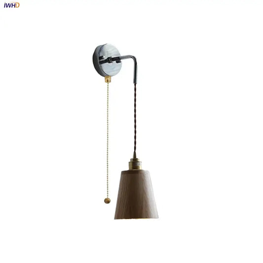 DecorBites ash wood led wall light with matte wooden conical shade brass accents and adjustable pull chain switch