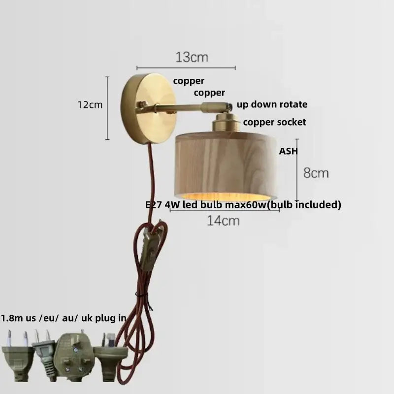 Copper-finished decorbites ash wood led wall lamp with cylindrical ash wood shade and adjustable arm for living room use