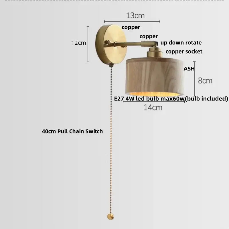 Copper-finished decorbites ash wood led wall sconce with cylindrical shade and 4w bulb for living room or porch lighting