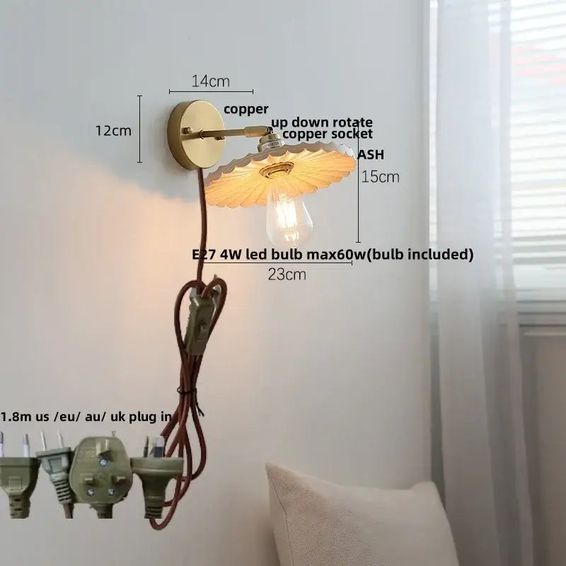 DecorBites ash wood led wall light with copper sconce, scalloped amber glass shade, edison bulb for living room or porch