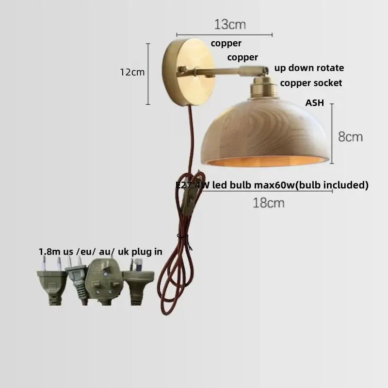 Copper-finished decorbites ash wood led wall lamp with wooden ash shade and adjustable socket for living room or porch