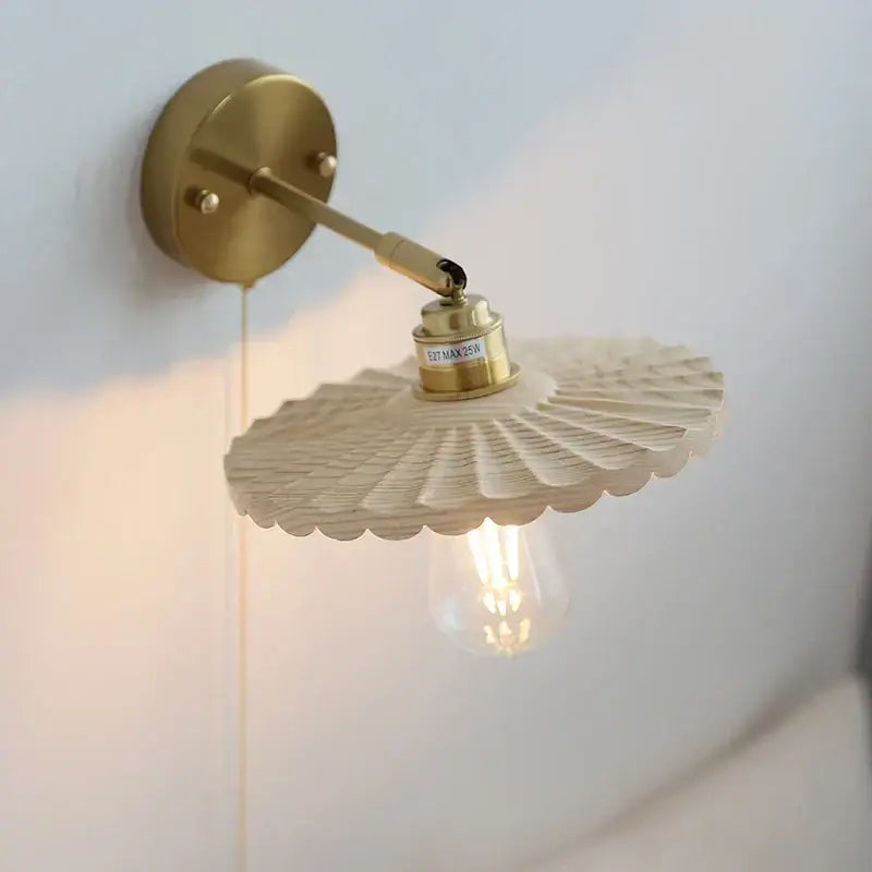 Brass finished decorbites ash wood wall lights with fan shaped wooden shade and exposed edison bulb for living room