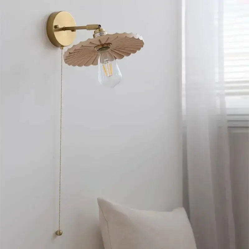 Gold-toned decorbites ash wood wall lights with scalloped wooden shade and exposed Edison bulb for living room stairs