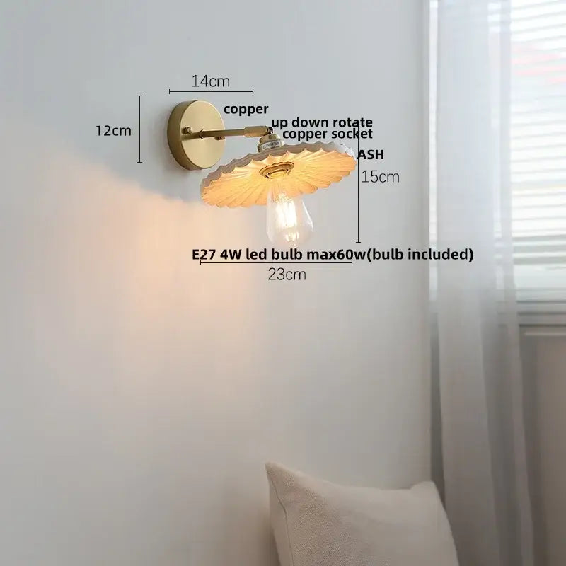 Copper wall lights with scalloped translucent glass shade and exposed edison bulb for decorbites ash wood lighting