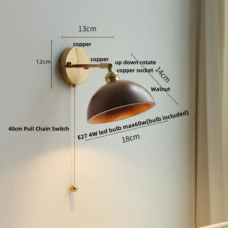 Copper-finished decorbites ash wood wall lights with dark walnut shade and adjustable rotating up down socket
