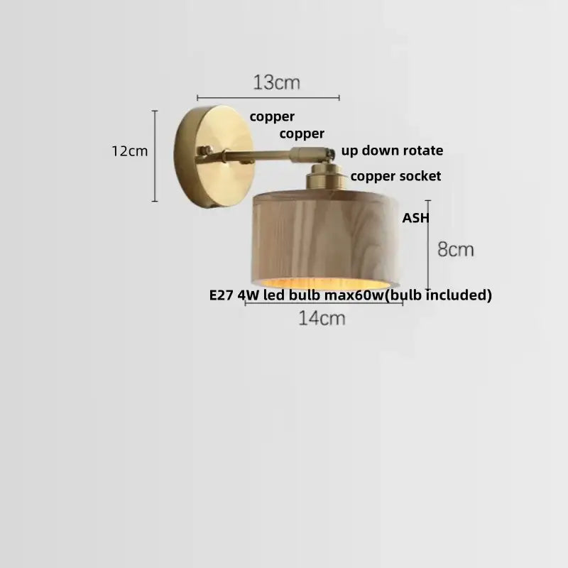 Copper-finished DecorBites ash wood wall lights with cylindrical shade and adjustable arm for living room or stairs