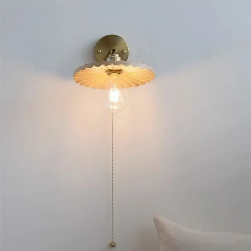 Gold-toned decorbites ash wood wall lights with scalloped fan shade and exposed bulb for living room or stair lamp decor