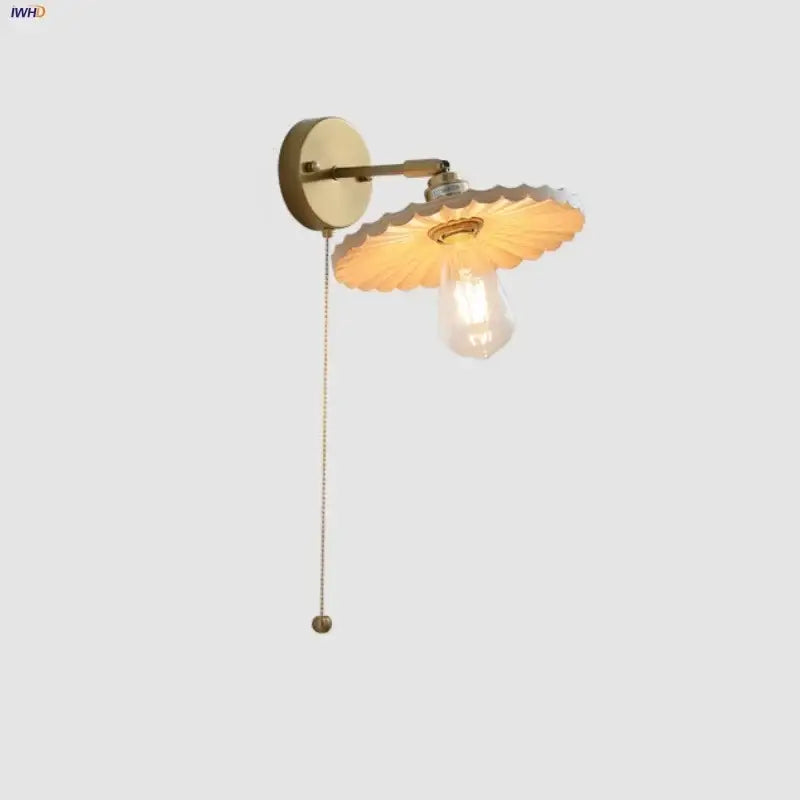Vintage-style brass decorbites ash wood wall lights with scalloped glass shade and exposed filament bulb for living room