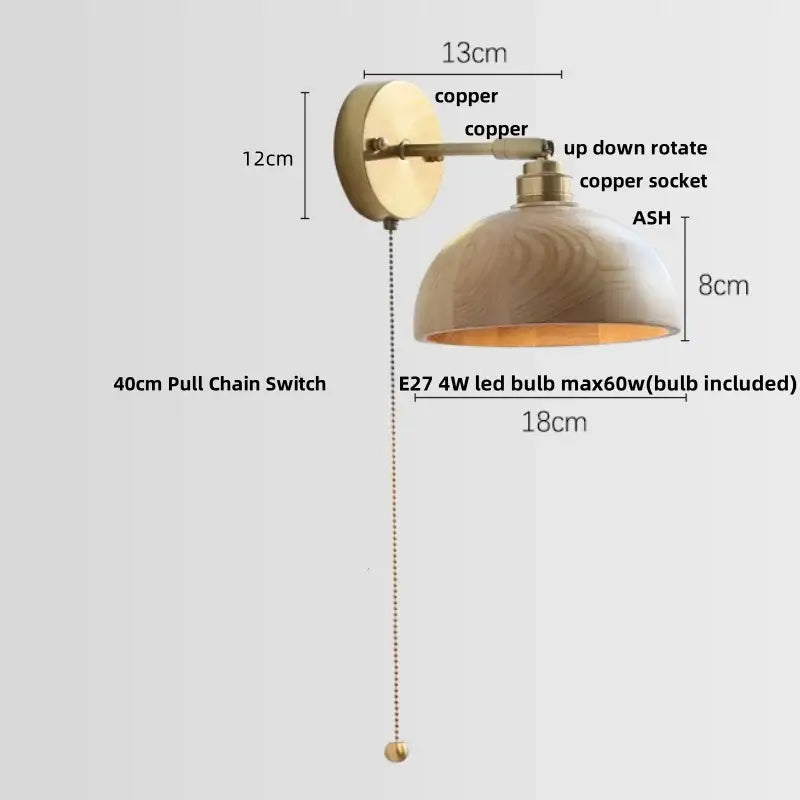 Decorbites ash wood wall lights with copper finish and warm-toned wooden shade featuring pull chain switch for living room