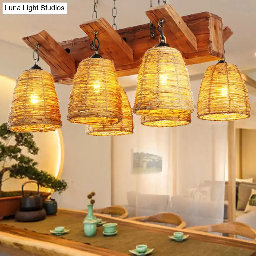 Decorbites asia rustic wooden beam light fixture with woven rattan shades and brown tapered suspension in brown