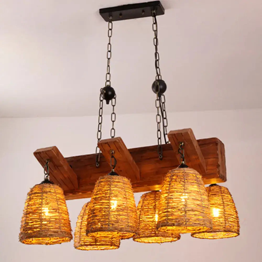 Rustic wooden beam light fixture with five brown tapered suspension woven wicker shades and black metal chains