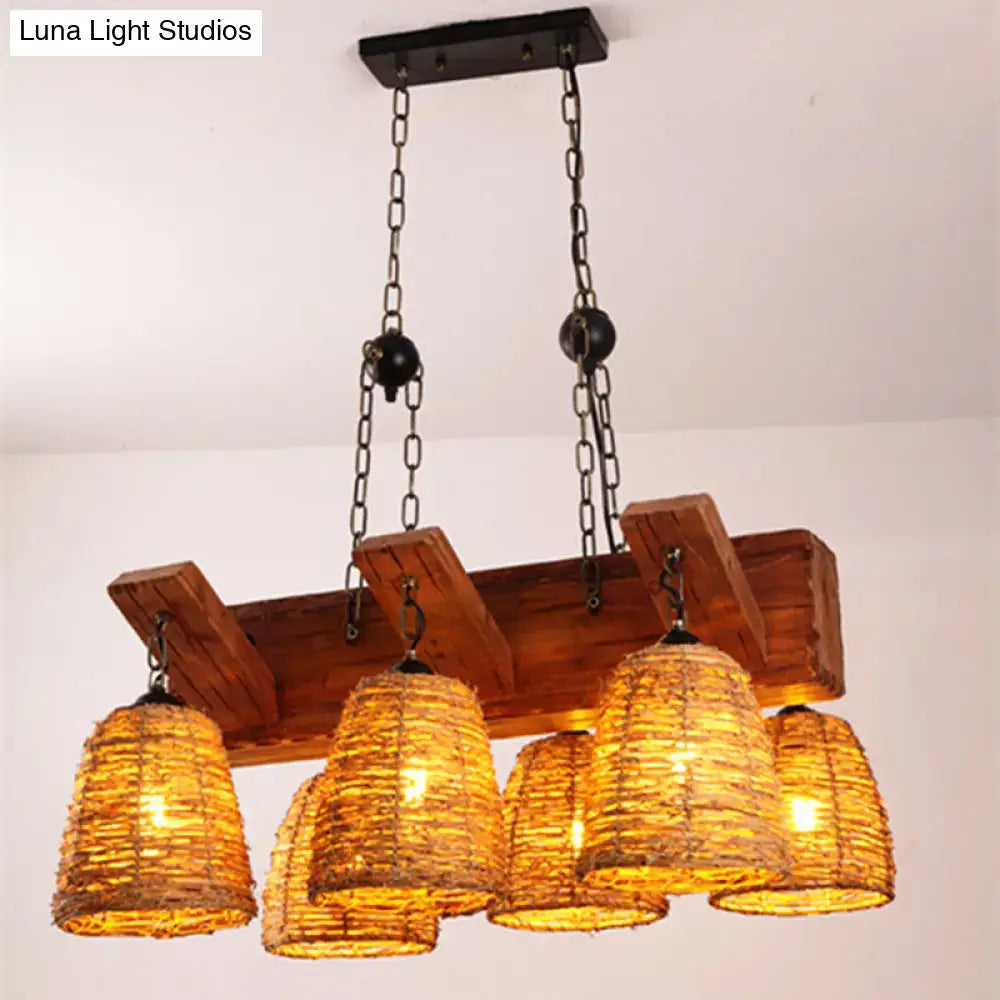 Rustic wooden beam light fixture with five woven rattan shades and brown tapered suspension by decorbites asia