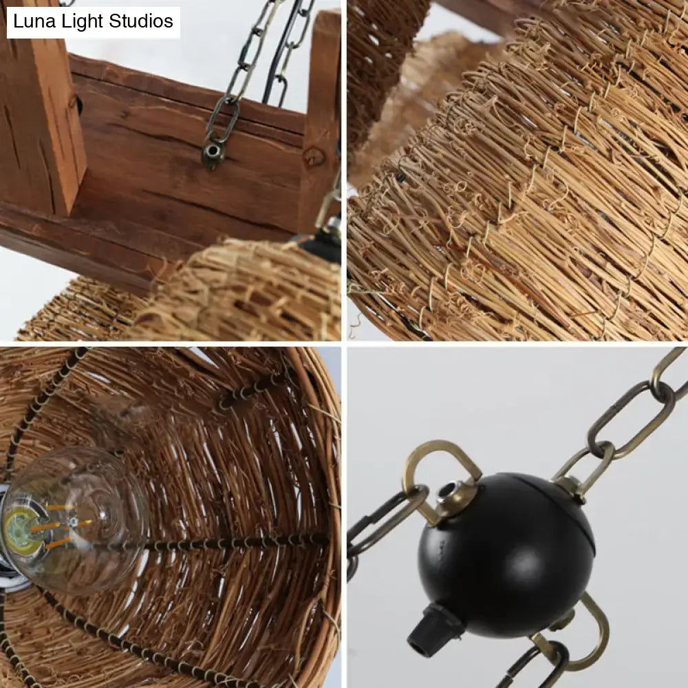 DecorBites Asia rattan pendant light fixture with dark wood frame black finial brass chain accents brown tapered suspension
