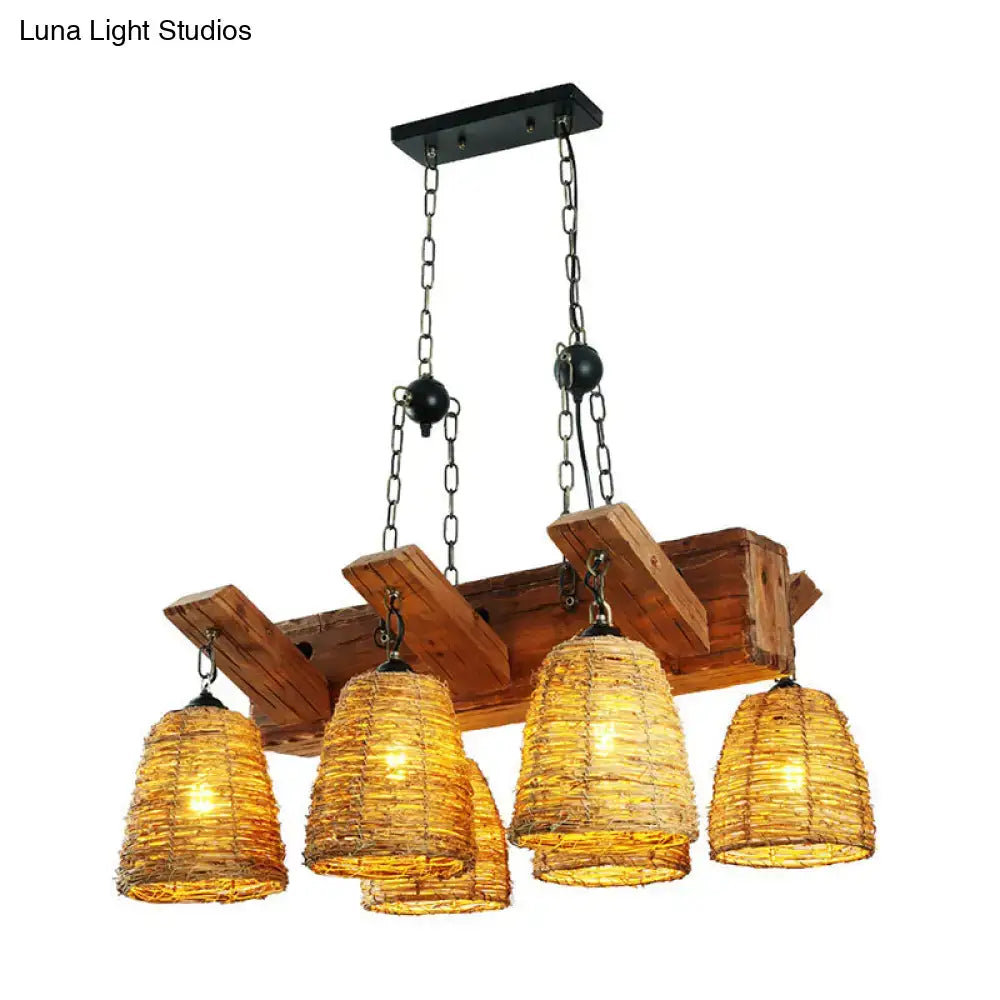 Rustic wooden beam light fixture with brown tapered suspension and woven wicker shades by decorbites asia rattan