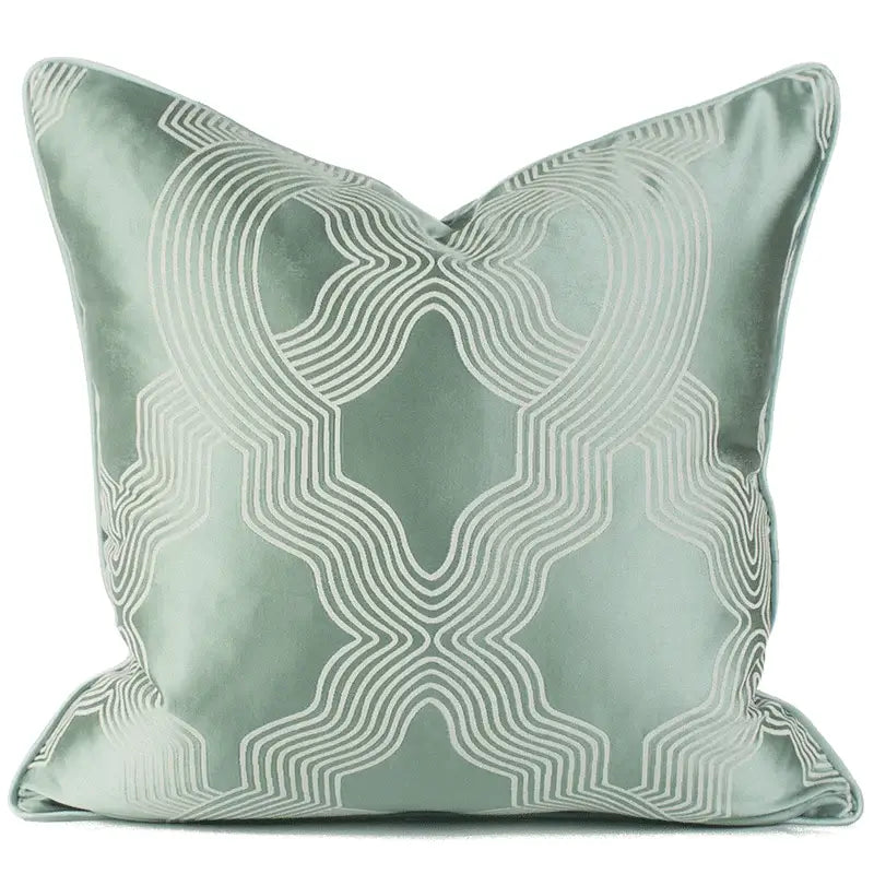 Square pillow cover in soft mint green satin with white geometric embroidery from decorbites asian landscape painting collection