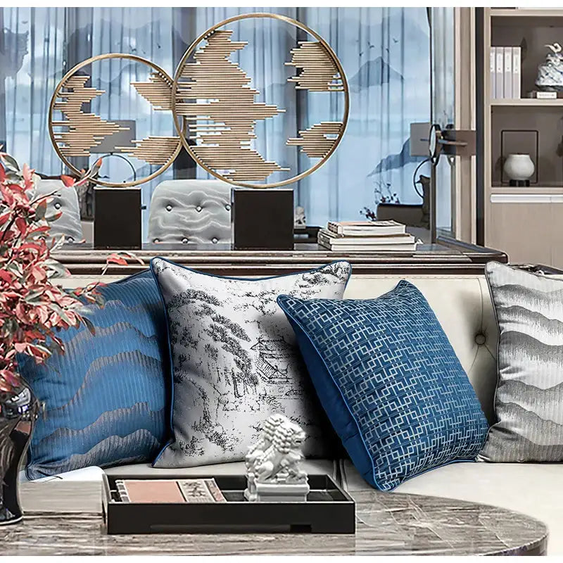 Blue patterned DecorBites Asian landscape pillow cover with intricate geometric and landscape jacquard design 45x45cm