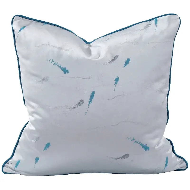 White satin pillow cover with teal and silver abstract brushstroke patterns and teal piping trim decorbites asian landscape painting